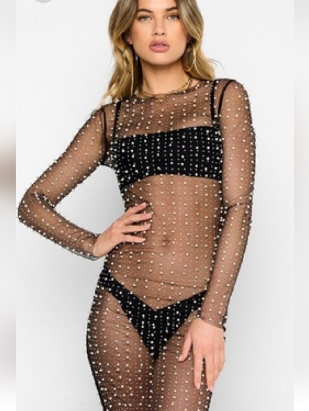 BEACH BUNNY CHAMPAGNE NIGHTS BLACK MESH PEARLS CRYSTALS MAXI DRESS WOMENS SZ Med